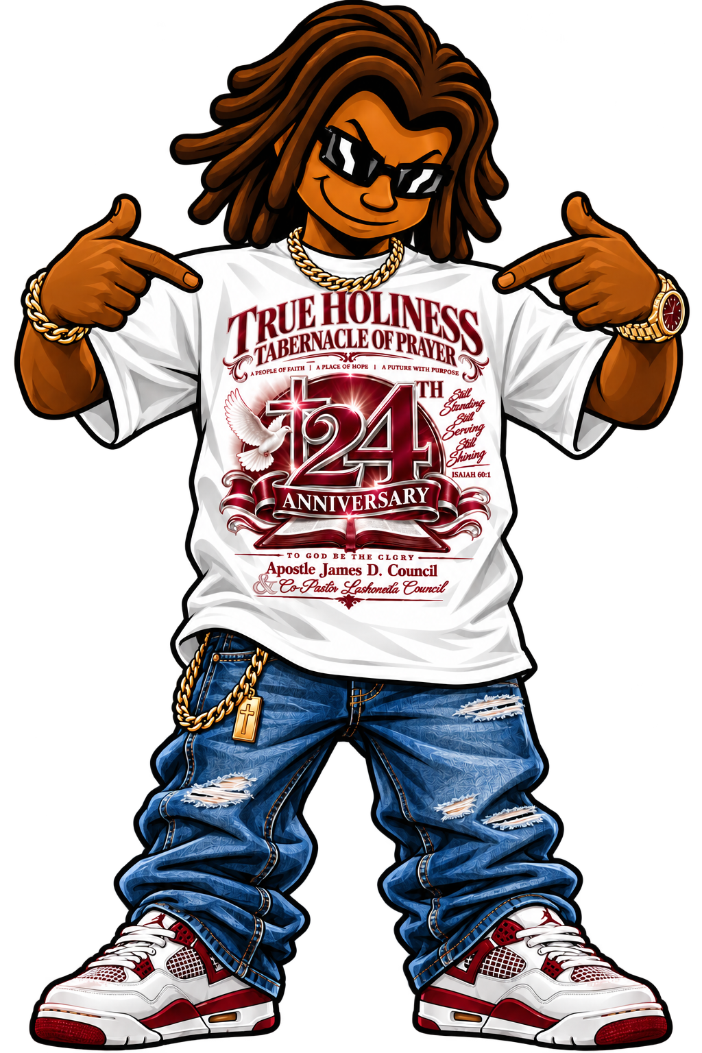 Model wearing the True Holiness Tabernacle 24th Anniversary tee