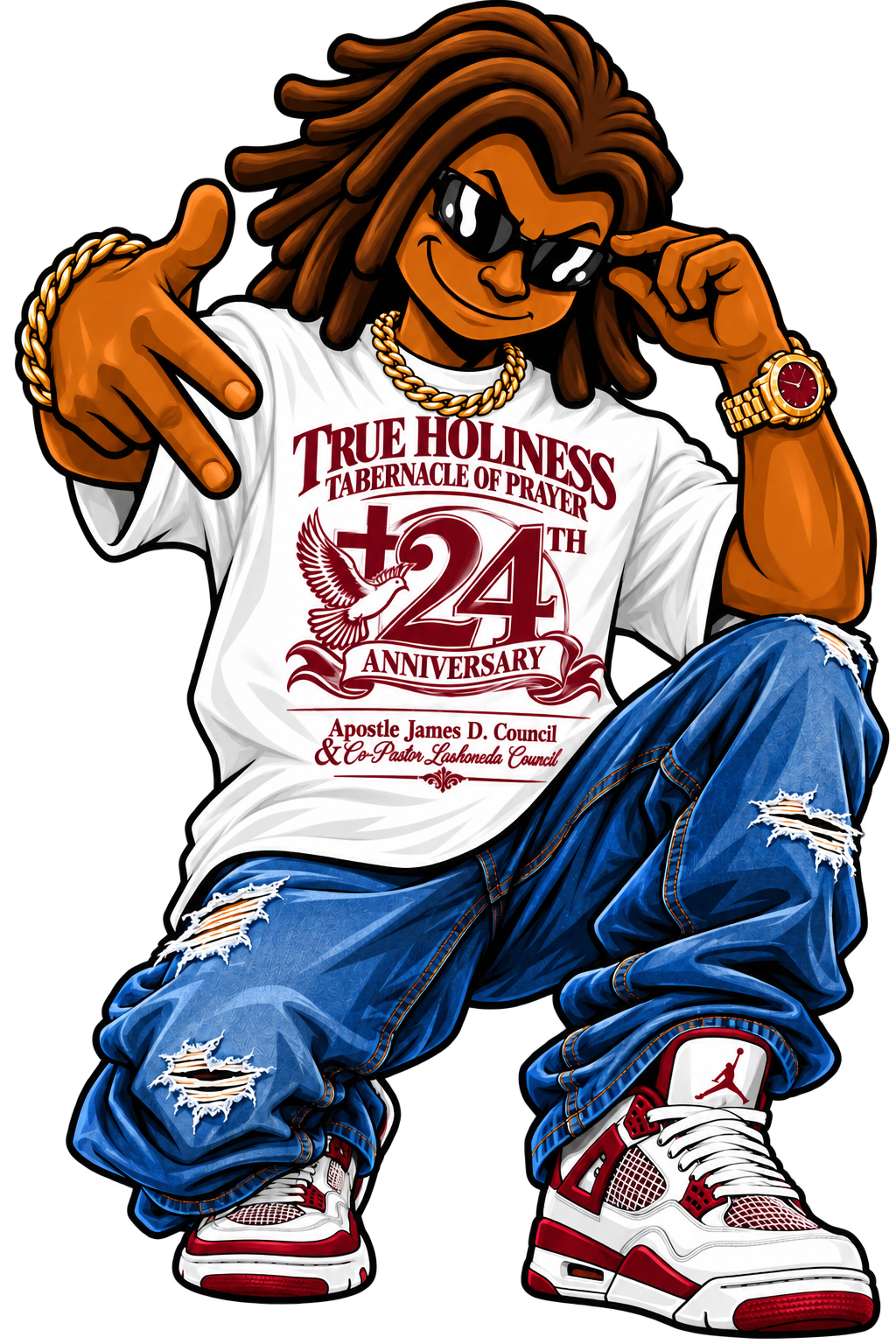Model wearing the Screen Printed TH TOP 24th Anniversary tee